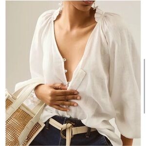Anthropologie Maeve Button Up  “Audie” Linen Puff-Sleeve White Blouse Size Large